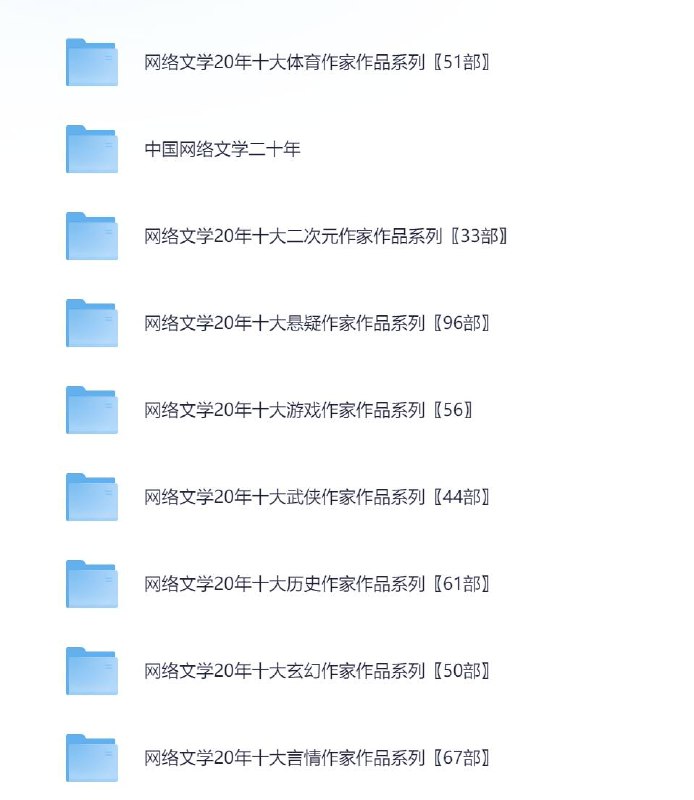 【网络文学20年人物篇·130位大神作家作品系列】已分类每个分类十位作家〖704部〗大小：3.4G格式：txt格式部数：704部内容介绍：网络文学20年十大都市作家作品系列〖40部〗，网络文学20年十大科幻作家作品系列〖42部〗，网络文学20年十大仙侠作家作品系列〖84部〗，网络文学20年十大军事作家作品系列〖24部〗，网络文学20年十大体育作家作品系列〖51部〗等等等等，具体大家自己看链接：