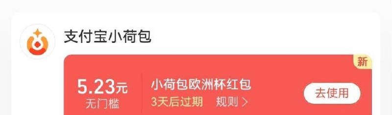 支付宝搜索小荷包，横幅欧洲杯进入，开通小荷包，红包自动到账卡包